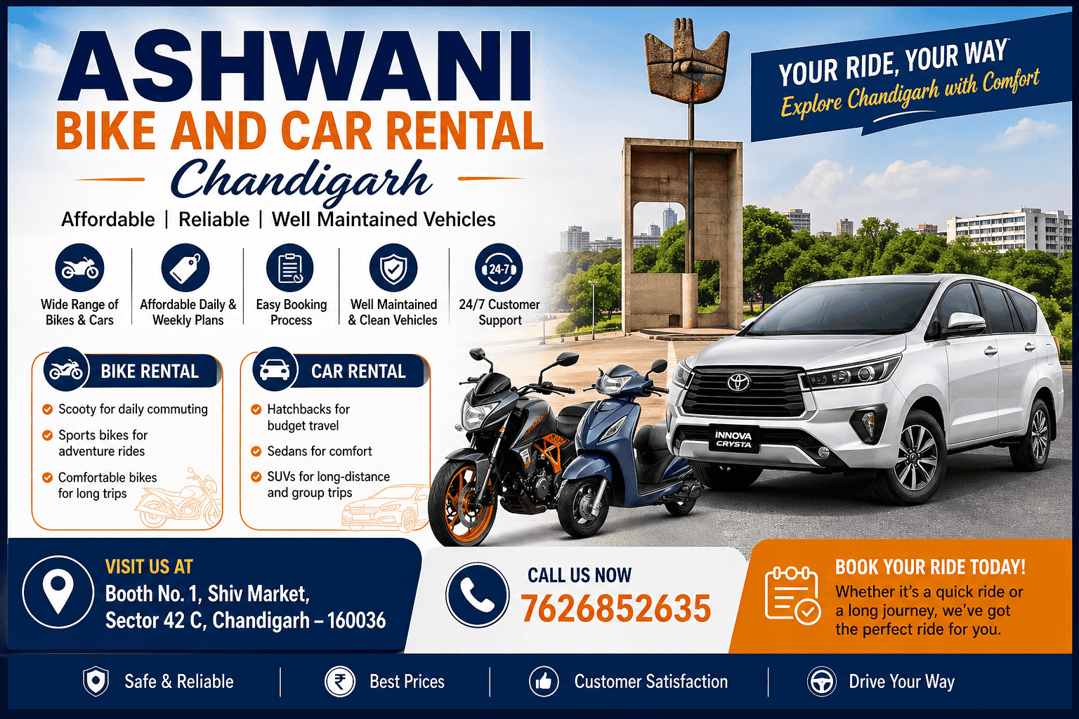๐ Ashwani Bike and Car Rental Chandigarh โ Affordable & Reliable Self Drive Rentals