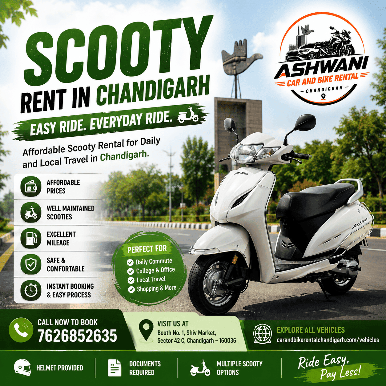๐ต Scooty Rent in Chandigarh Today โ Affordable & Easy Ride for Everyone