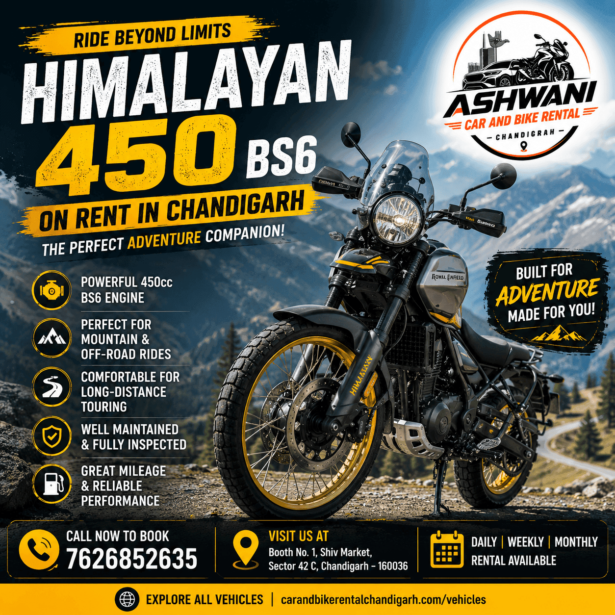 ๐๏ธ Himalayan 450 BS6 on Rent in Chandigarh โ Ride the Adventure Today