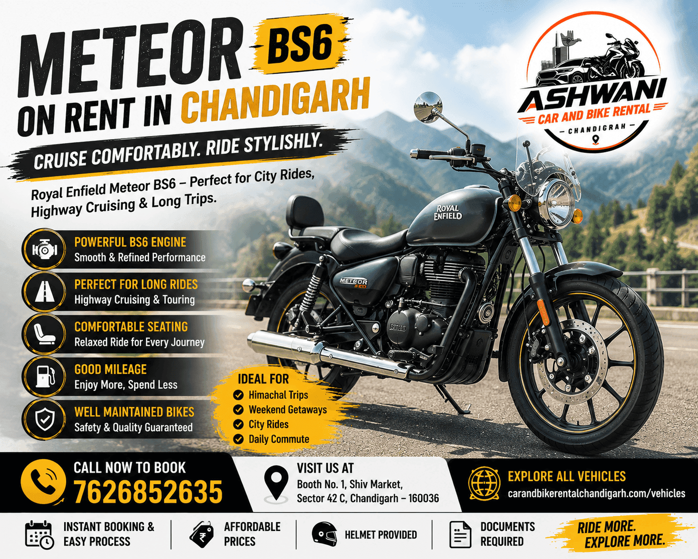๐๏ธ Meteor BS6 on Rent in Chandigarh โ Comfortable & Stylish Ride Today