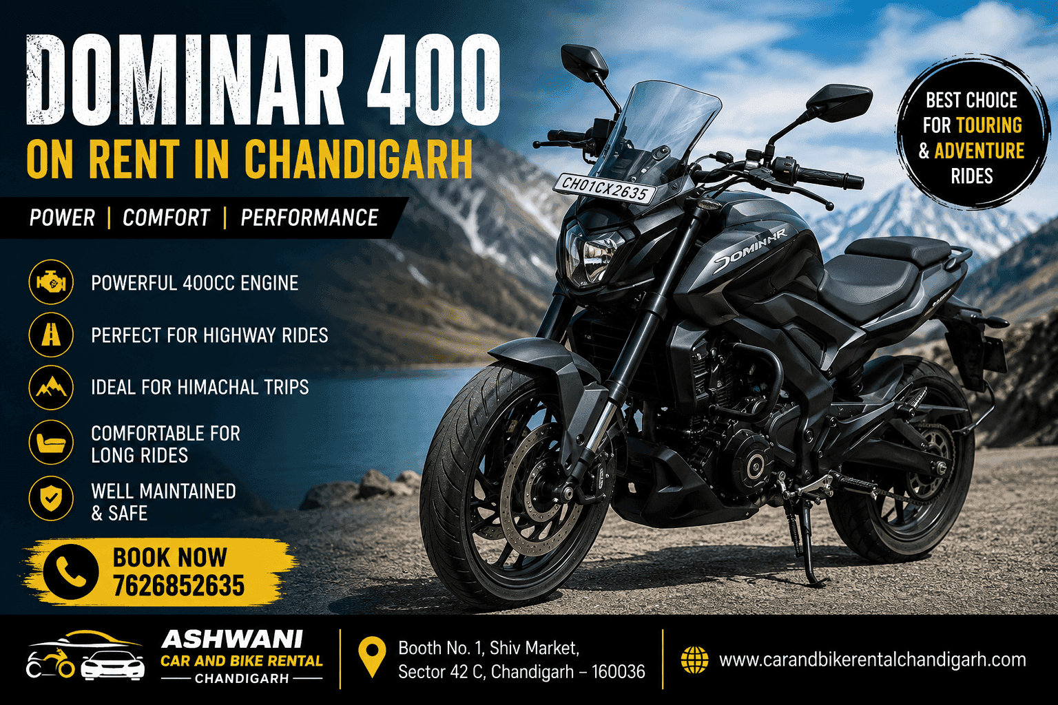 ๐๏ธ Dominar 400 on Rent in Chandigarh โ Powerful Touring Bike for Every Ride