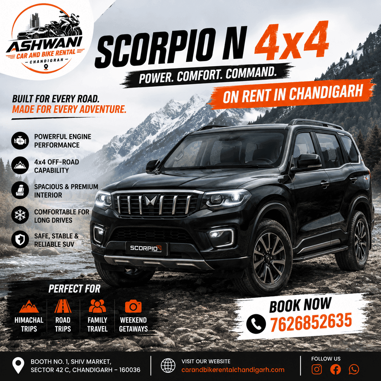 ๐ Scorpio N 4x4 on Rent in Chandigarh โ Powerful SUV for Adventure Trips