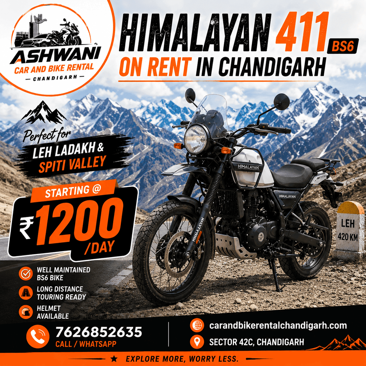 🏍️ Himalayan 411 BS6 Bike on Rent in Chandigarh – Your Perfect Adventure Companion